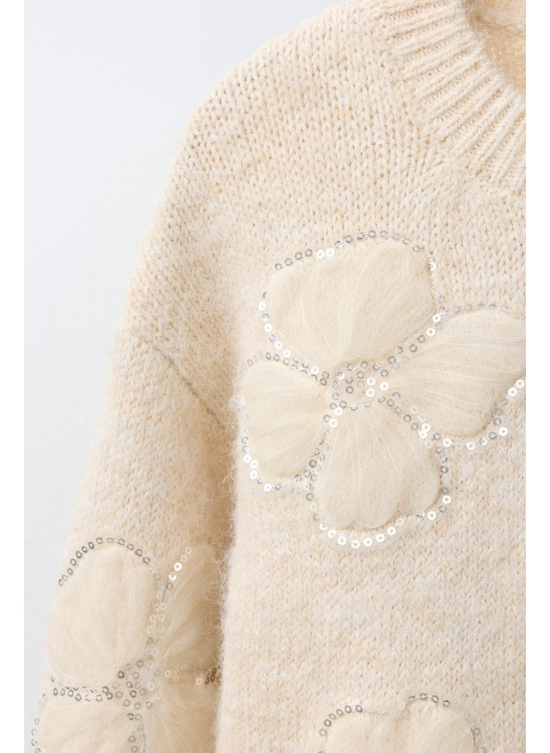 ДЖЕМПЕР ВЯЗАНЫЙ, ЦВЕТЫ ИЗ ТЮЛЯ И ПАЙЕТКИ ДЖЕМПЕР ВЯЗАНЫЙ, ЦВЕТЫ ИЗ ТЮЛЯ И ПАЙЕТКИ