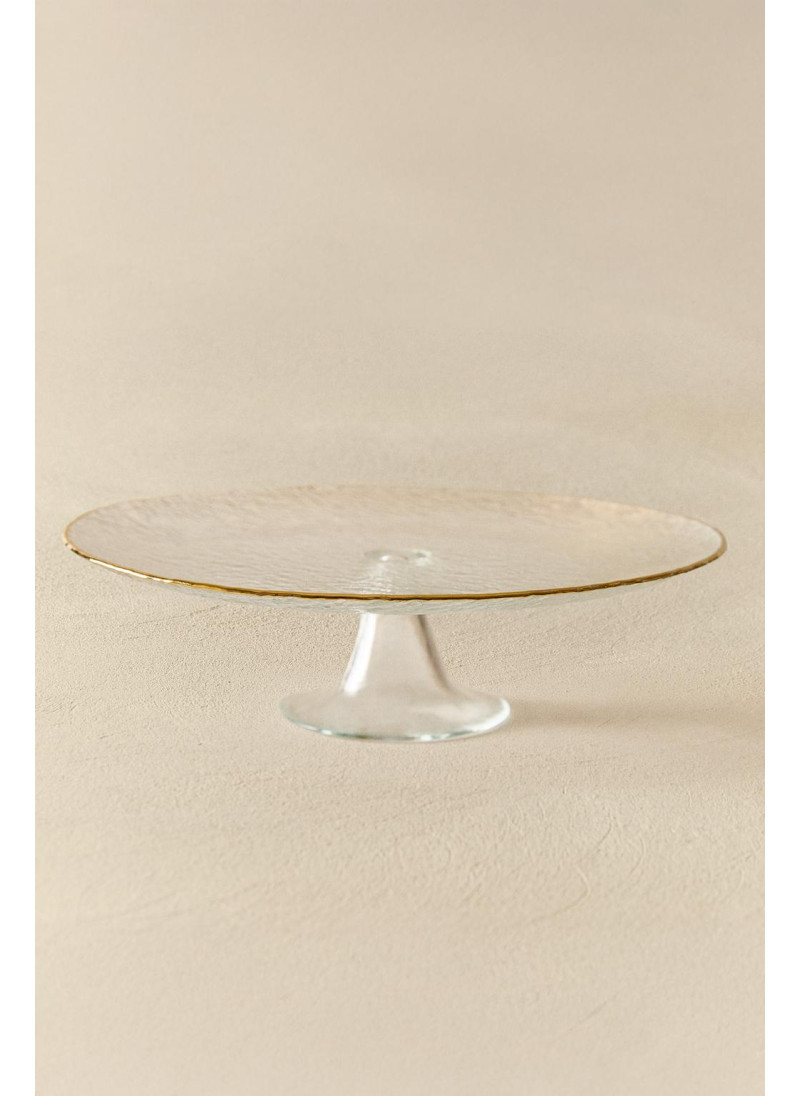 Стеклянное сервировочное блюдо с подставкой и золотым краем Стеклянное сервировочное блюдо с подставкой и золотым краем
