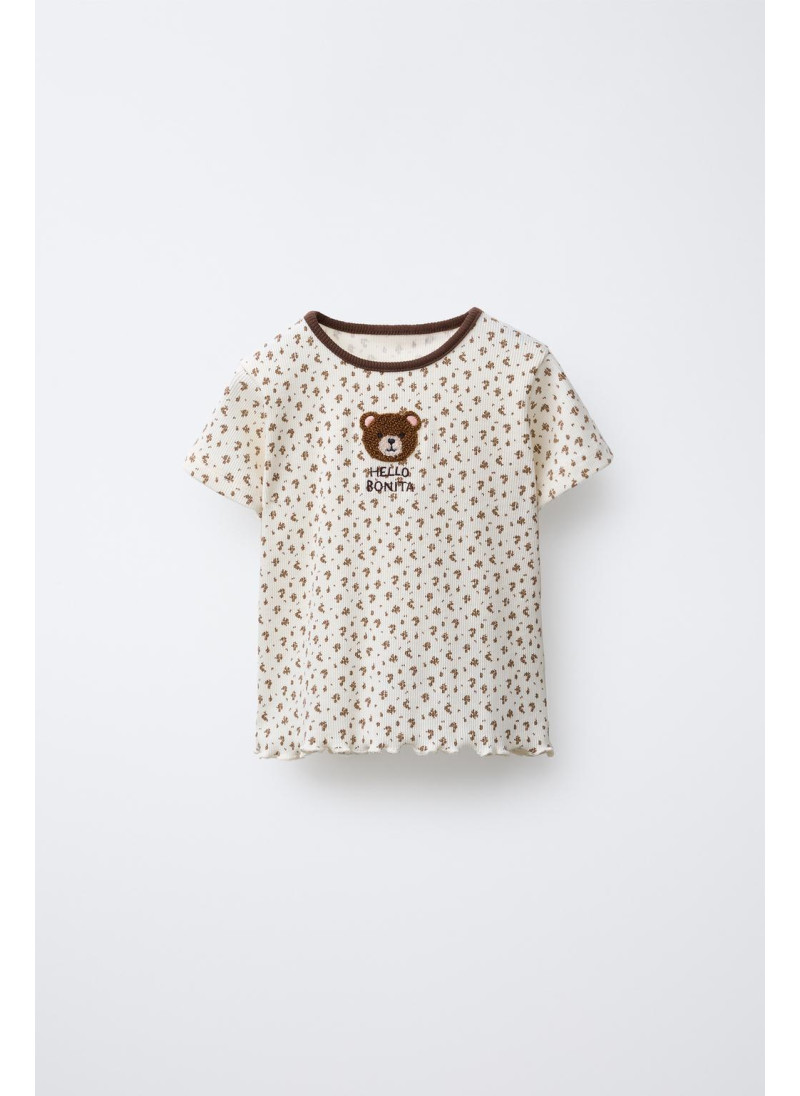 Футболка с рельефным узором и нашивкой в виде цветов и животного Футболка с рельефным узором и нашивкой в виде цветов и животного