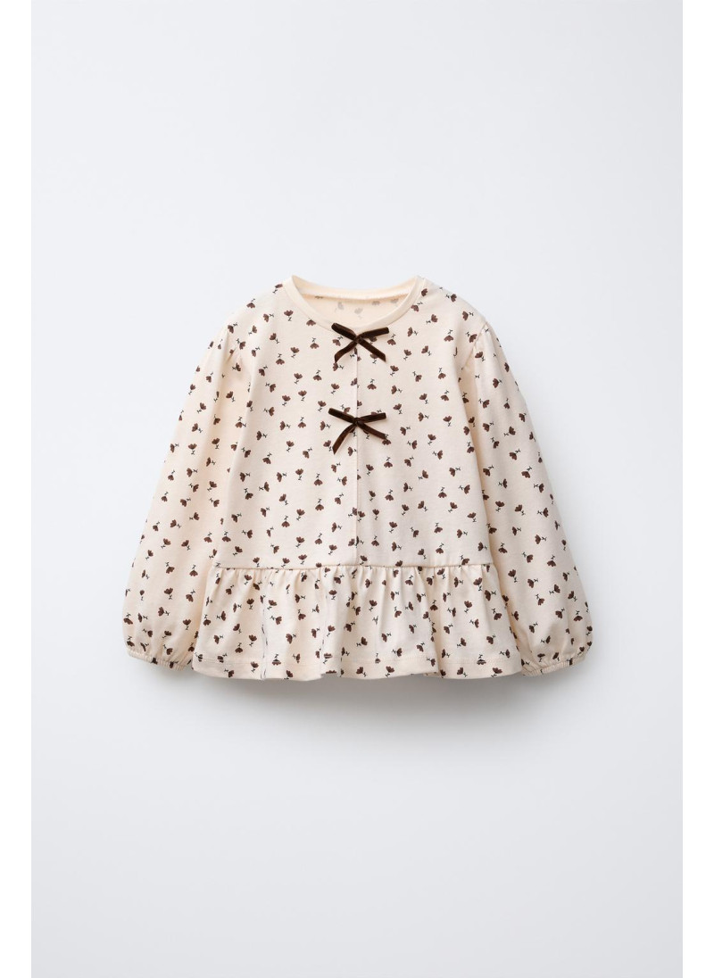 ФУТБОЛКА С ЦВЕТОЧНЫМ ПРИНТОМ, БАНТОМ И БАРХАТОМ ФУТБОЛКА С ЦВЕТОЧНЫМ ПРИНТОМ, БАНТОМ И БАРХАТОМ