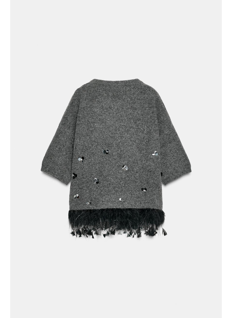 СВИТЕР ИЗ ШЕРСТИ С ПАЙЕТКАМИ И ПЕРЬЯМИ СВИТЕР ИЗ ШЕРСТИ С ПАЙЕТКАМИ И ПЕРЬЯМИ