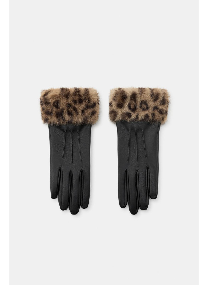 Поверхностная кожа пальчики с искусственным мехом и животным принтом Поверхностная кожа пальчики с искусственным мехом и животным принтом