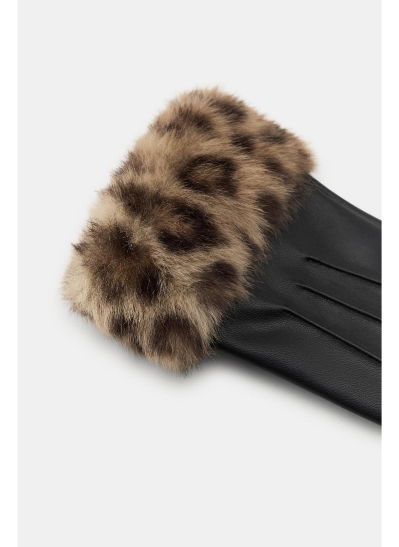 Поверхностная кожа пальчики с искусственным мехом и животным принтом Поверхностная кожа пальчики с искусственным мехом и животным принтом