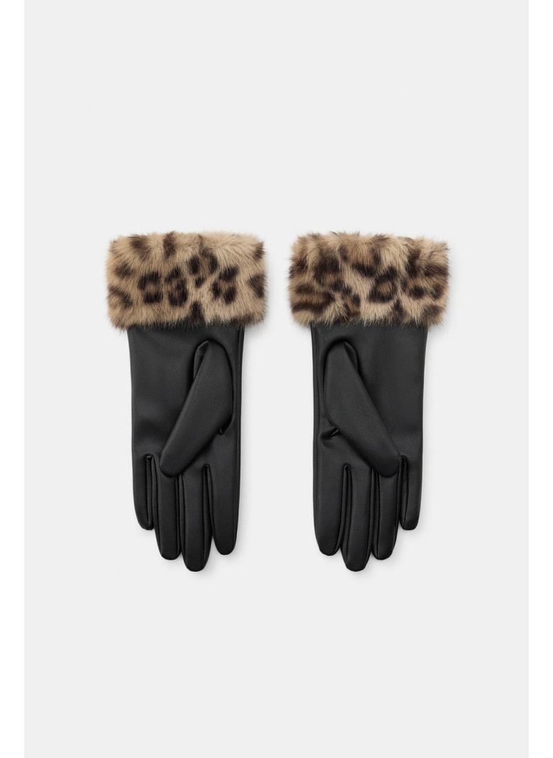 Поверхностная кожа пальчики с искусственным мехом и животным принтом Поверхностная кожа пальчики с искусственным мехом и животным принтом