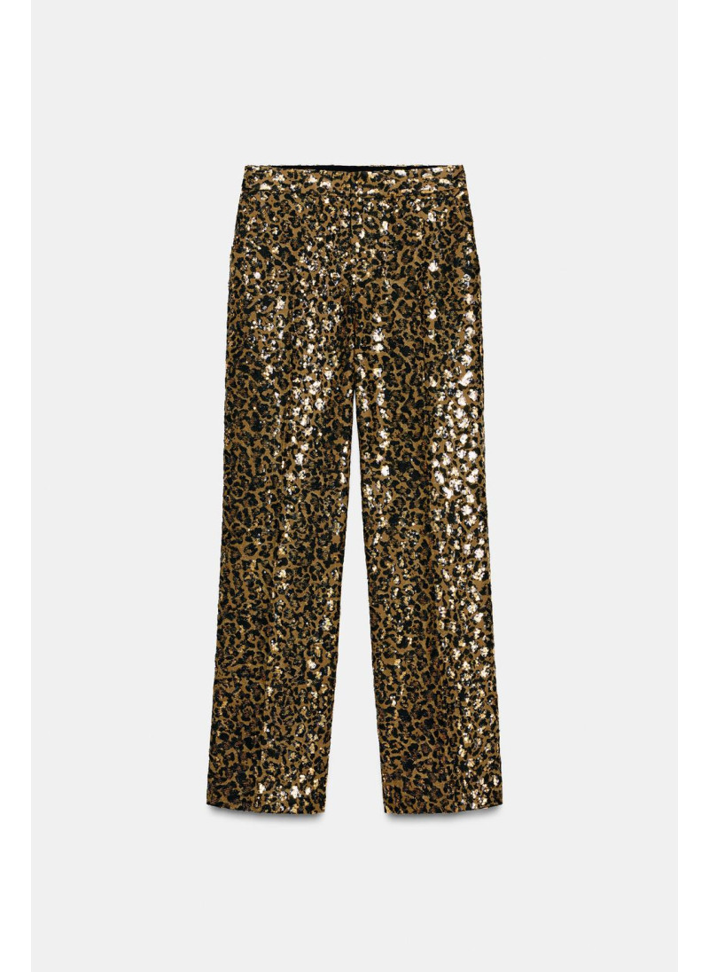 Брюки прямого кроя с животным принтом и пайетками Брюки прямого кроя с животным принтом и пайетками
