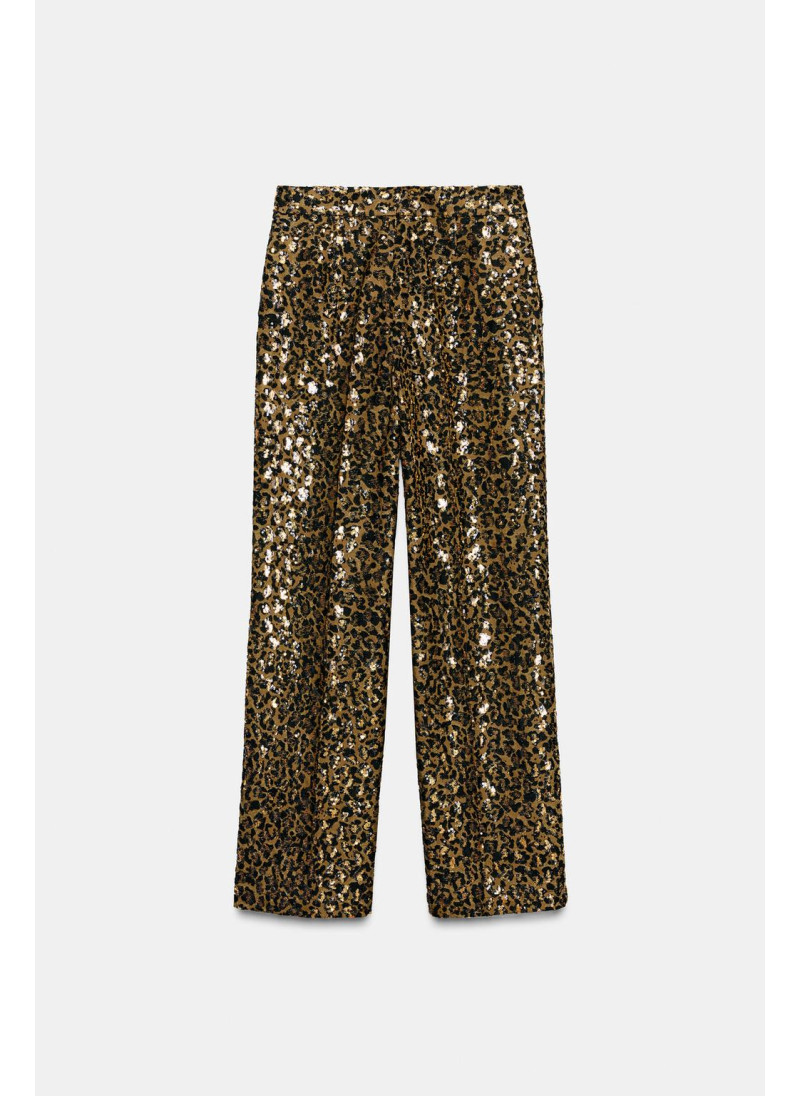 Брюки прямого кроя с животным принтом и пайетками Брюки прямого кроя с животным принтом и пайетками