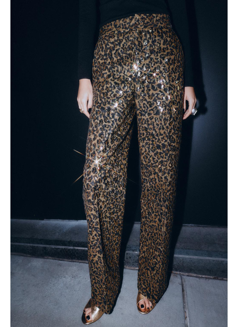 Брюки прямого кроя с животным принтом и пайетками Брюки прямого кроя с животным принтом и пайетками