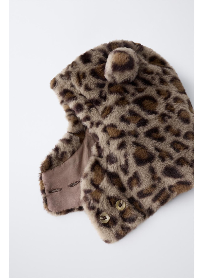Шапка с капюшоном из искусственного меха с ушками и принтом животного Шапка с капюшоном из искусственного меха с ушками и принтом животного
