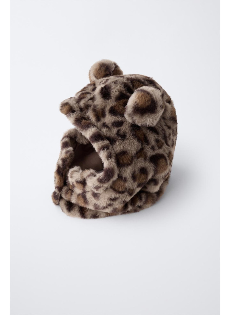 Шапка с капюшоном из искусственного меха с ушками и принтом животного Шапка с капюшоном из искусственного меха с ушками и принтом животного