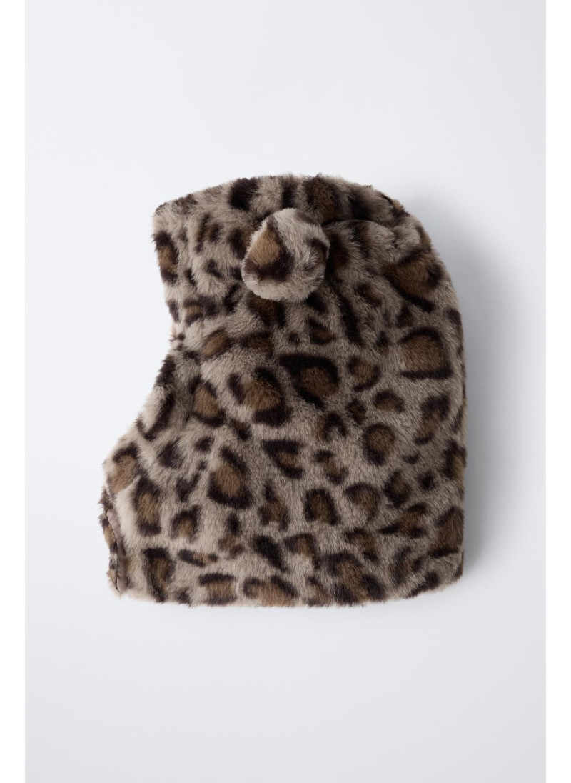 Шапка с капюшоном из искусственного меха с ушками и принтом животного Шапка с капюшоном из искусственного меха с ушками и принтом животного